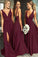 A Line Burgundy V Neck Ruffles Slit Bridesmaid Dresses Long Cheap Prom Dresses