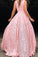 A Line Deep V Neck Pink Lace Sleeveless Prom Dresses Long Party Dance Dresses