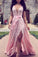 A Line Deep V Neck Pink Lace Sleeveless Prom Dresses Long Party Dance Dresses