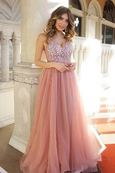 A Line Dusty Rose Long Tulle Prom Dresses Sequins Shiny Bodice V Neck Formal Dress