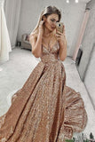 A Line Gold V Neck Sequin Long Prom Dress Long Cheap Evening Dresses