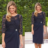 A Line Navy Blue Lace 3/4 Sleeve Short Chiffon Scoop Mother of the Bride Dresses