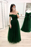 A Line Off the Shoulder Sweetheart Prom Dresses Long Tulle Green Formal Dresses