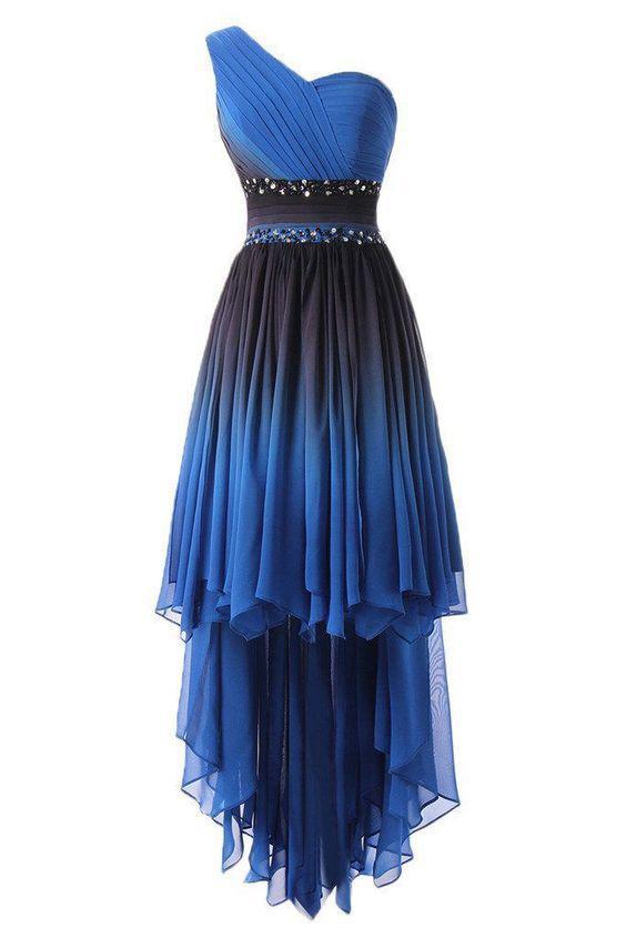 A Line One Shoulder Ombre Chiffon Blue Ruffles Prom Dresses Homecoming Dresses