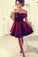A Line Satin Burgundy Off the Shoulder Sweetheart Above Knee Homecoming Dresses