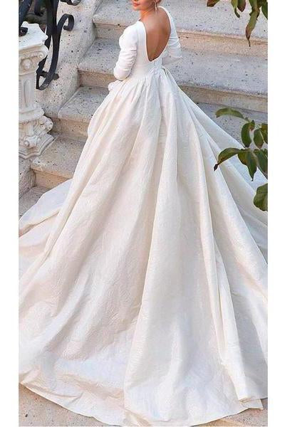Backless Long Sleeve Ivory Wedding Dresses, Modest 3/4 Sleeve Wedding Gowns PW432