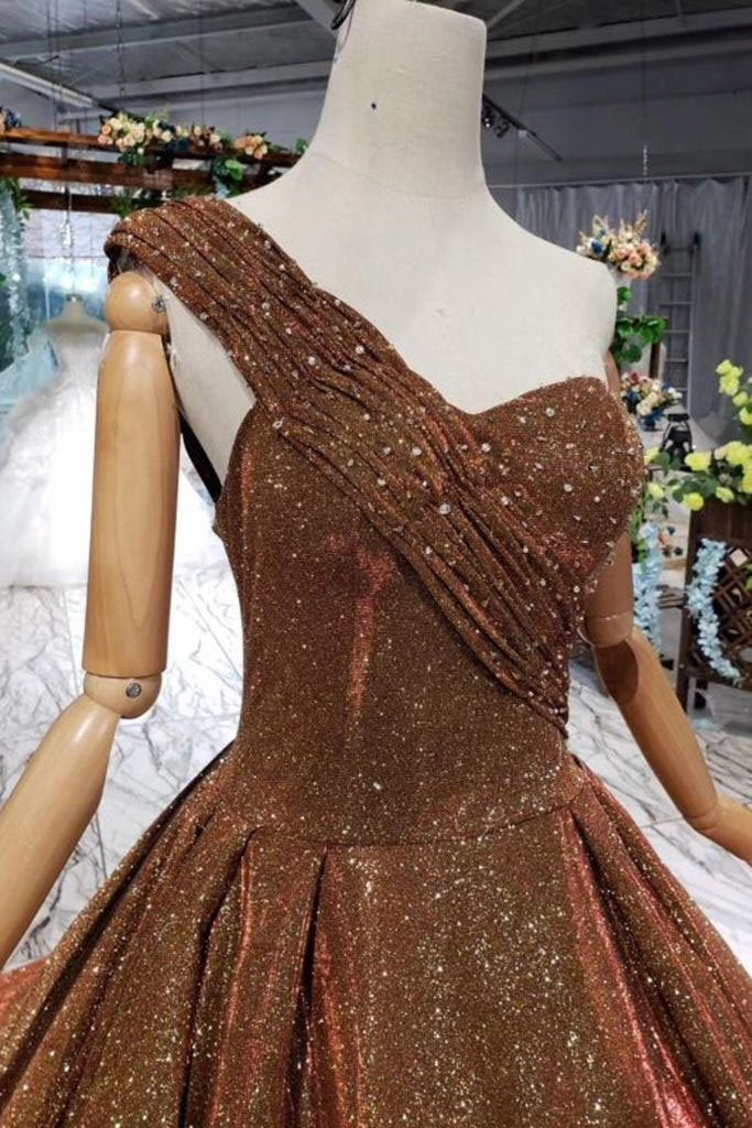 Ball Gown Long Prom Dresses One Shoulder Lace up Sequins Beads Quinceanera Dress