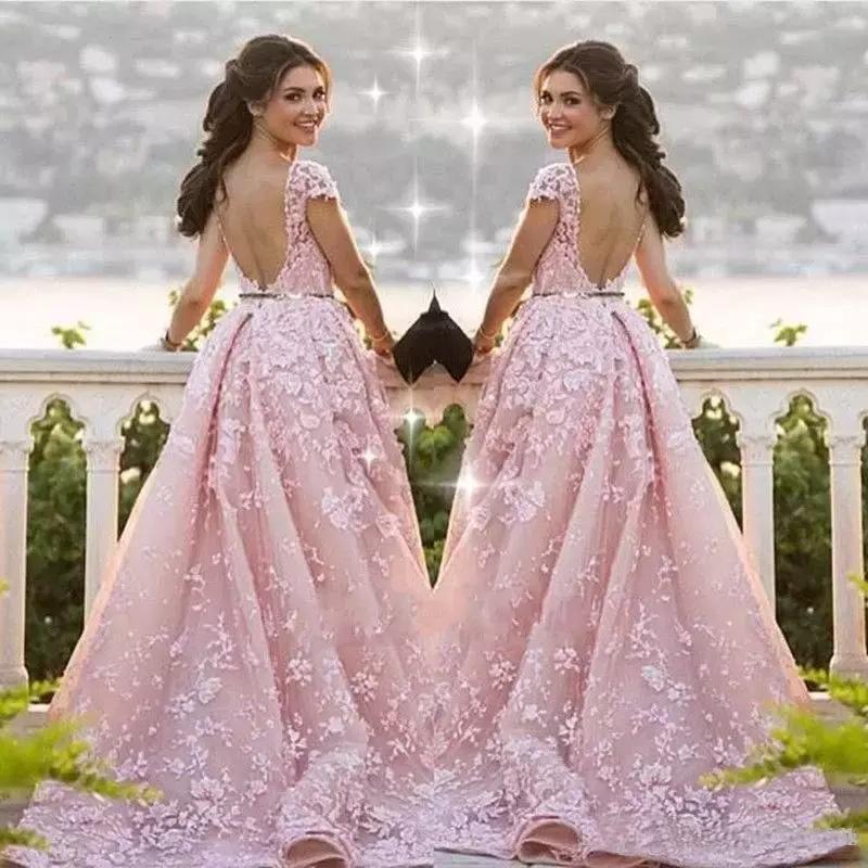 Ball Gown Mermaid Pink Lace Appliques Tulle Cap Sleeve Backless Prom Dresses