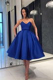 Ball Gown V Neck Royal Blue Strapless Satin Homecoming Dresses with Pockets