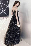 Beautiful Black Prom Dresses Spaghetti Straps V Neck Tulle Long Prom Gowns with Stars