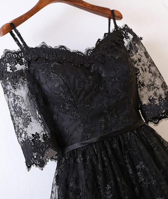 Black Short Sleeve High Low Homecoming Dresses Lace Appliques Sweetheart Prom Dress