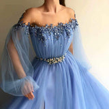 Blue Long Sleeve Tulle Prom Dresses with High Split Beaded Crystal Evening Dresses