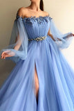 Blue Long Sleeve Tulle Prom Dresses with High Split Beaded Crystal Evening Dresses