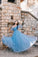 Blue Tulle Long Sleeve Sweetheart Prom Dresses Off the Shoulder Party Dresses
