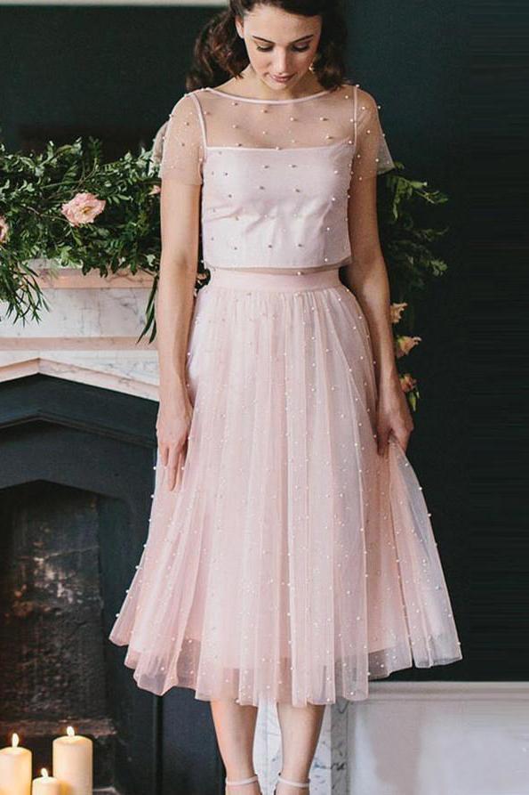 Blush Pink Two Piece Tea Length Tulle Bridesmaid Dresses with Pearls Homecoming Dresses