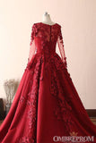 Cheappromproms Modest Elegant Burgundy Scoop Neck Long Sleeves Ball Gown Prom Dresses With Appliques