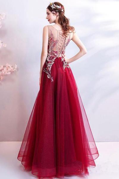 Cheap Burgundy Long Prom Dresses Lace Applique Military Ball Gown Formal Dress