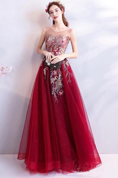 Cheap Burgundy Long Prom Dresses Lace Applique Military Ball Gown Formal Dress
