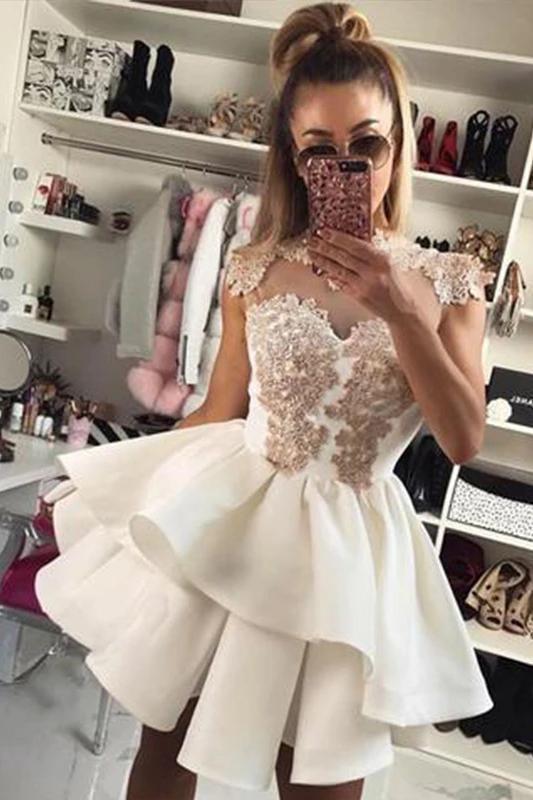 Chic Appliques High Neck Homecoming Dress Satin Short Prom Dresses