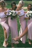 Chic Pink Short Sleeve Lace Side Slit Off the Shoulder Two Piece Bridesmaid Dresses