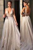 Chic Sparkly Deep V Neck Straps Wedding Dress Sequin Long Prom Dresses