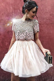 Cute A Line Two Pieces High Neck Above Knee Short Sleeve Beads Homecoming Dresses