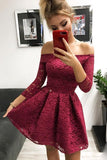 Cute Off the Shoulder Long Sleeves Burgundy Lace Homecoming Dresses Sweet 16 Dresses