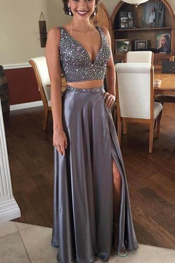 Sexy A Line Two Pieces V Neck Satin Split Side With Beading Prom Dresses