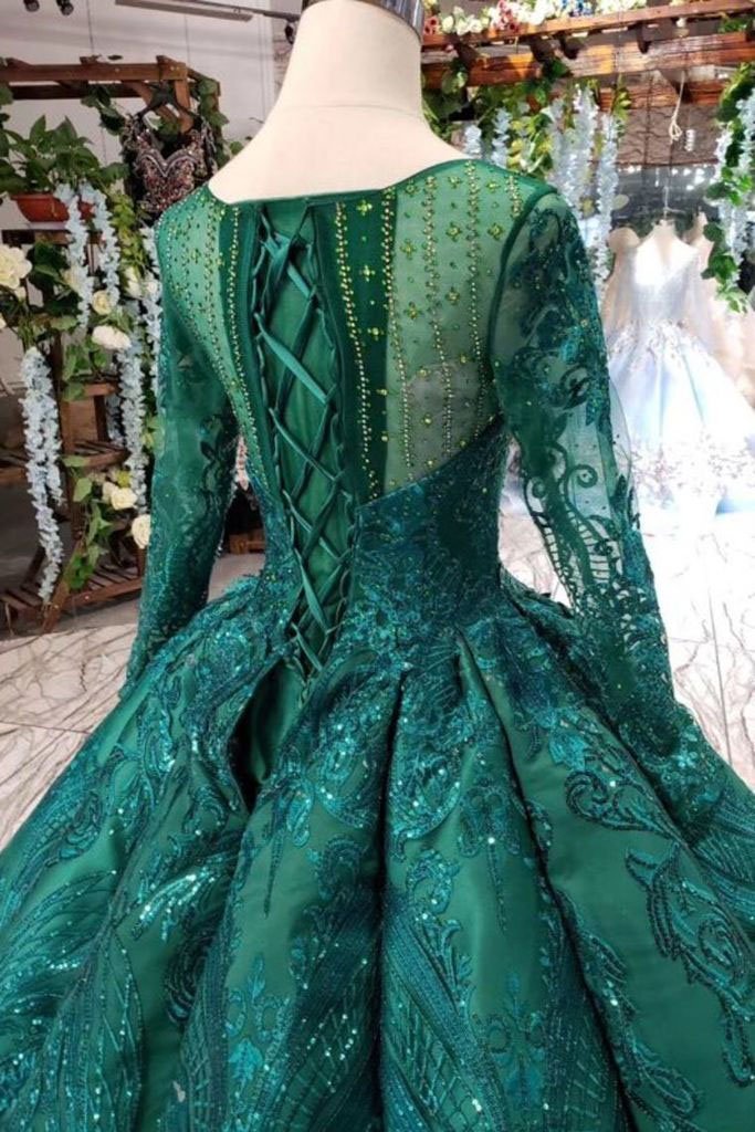 Dark Green Long Sleeves Ball Gown Prom Dress with Beads Lace up Quinceanera Dresses