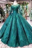 Dark Green Long Sleeves Ball Gown Prom Dress with Beads, Lace up Quinceanera Dresses PW972