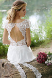 A Line Chiffon White Lace Appliques Cap Sleeve Open Back Scoop Long Wedding Dresses