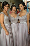 Hot V-Neck Chiffon Tulle Appliques Lace Cap Straps Sleeveless Beads Bridesmaid Dress