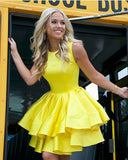 Cute A Line Round Neck Yellow Open Back Satin Sleeveless Short Homecoming Dresses