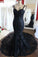 Charming Black Lace Spaghetti Strap Sweetheart Backless Mermaid Sweep Train Evening Dresses