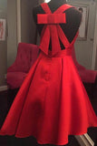 Cute A-Line V-Neck Open Back Short Red Satin Homecoming Dress with Bowknot