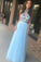 Long A-line Light Sky Blue Tulle Flowy Halter Long Prom Dresses Cheap Evening Dress