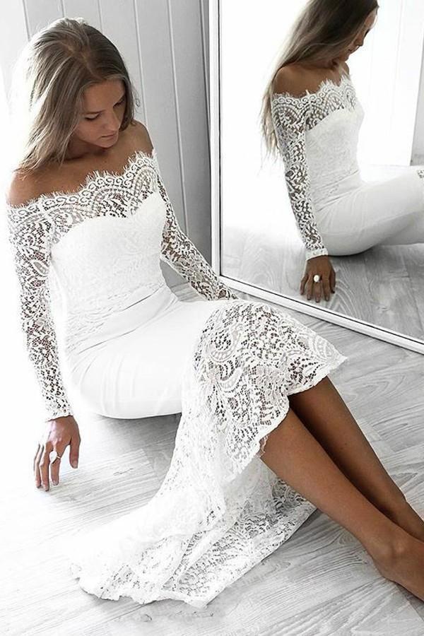 Long Sleeve Lace Appliques Sheath White Prom Dresses Off the Shoulder Wedding Dress