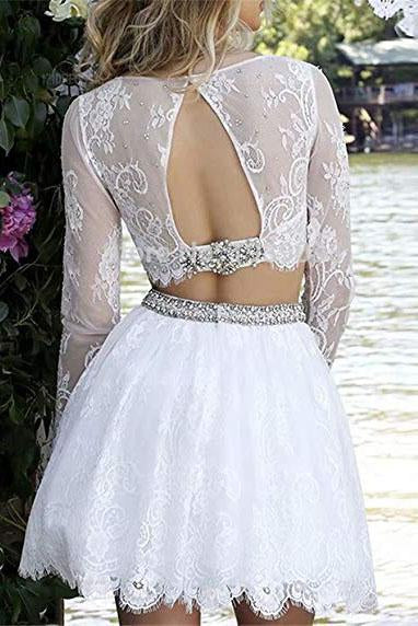 Long Sleeve Lace White Two Pieces Beads Homecoming Dresses Scoop Short Prom Dresses