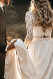 Long Sleeve Two Pieces Lace Round Neck Beach Wedding Dresses Chiffon Boho Bridal Gowns STI14979