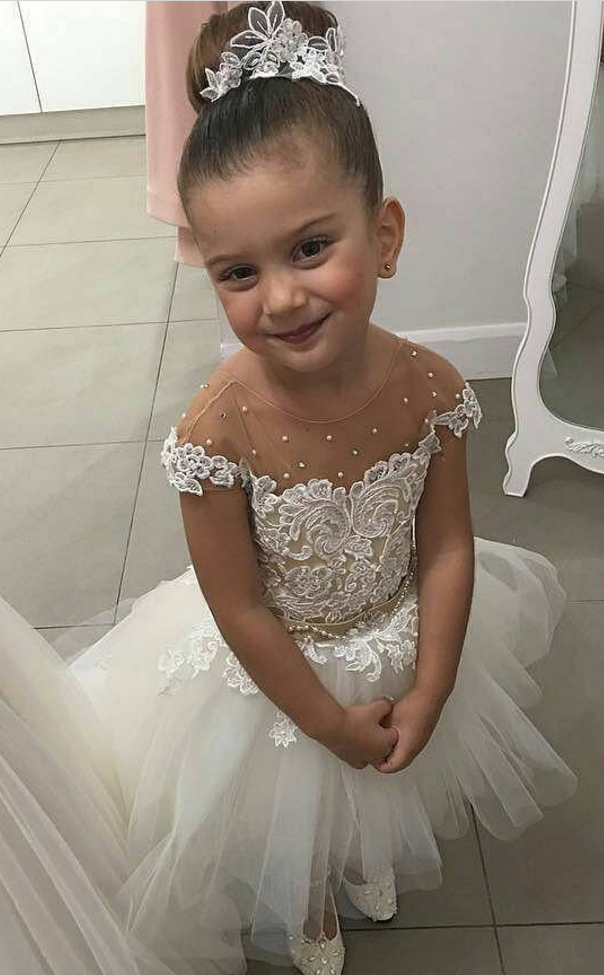Lovely Flower Girl Dresses Cap Sleeve Pearls Appliques High Low Wedding Party Dress