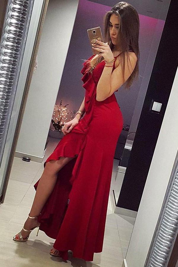 Mermaid Spaghetti Straps Red Satin Prom Dresses with Ruffles Long Party Dress