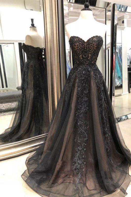 Black Sweetheart Tulle Lace Strapless Beads Prom Dresses with Lace up Evening Dresses