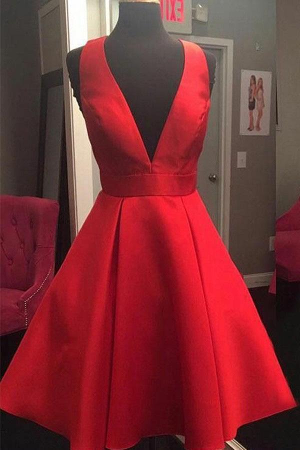 Cute A-Line V-Neck Open Back Short Red Satin Homecoming Dress with Bowknot