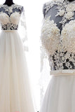Illusion Long Sheer Sleeves Appliques Pleat Beach Wedding Dresses