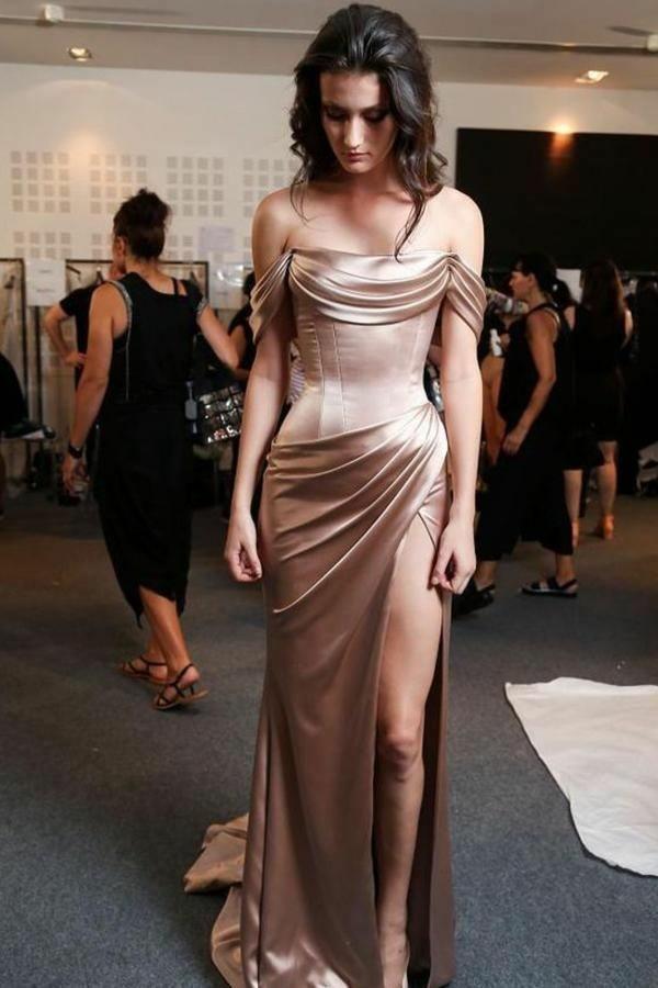 Off the Shoulder High Slit Prom Dress with Ruffles Mermaid Brown Long Formal Dress