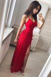 Sexy Tight Red Spaghetti Straps V Neck Front Split Simple Casual Long Prom Dresses For Teens