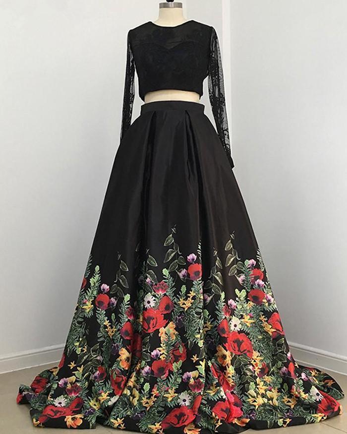 Buy A line Two Piece Black Long Sleeve Prom Dress With Floral Print Skirt  Evening Dresses Online – Cheappromproms