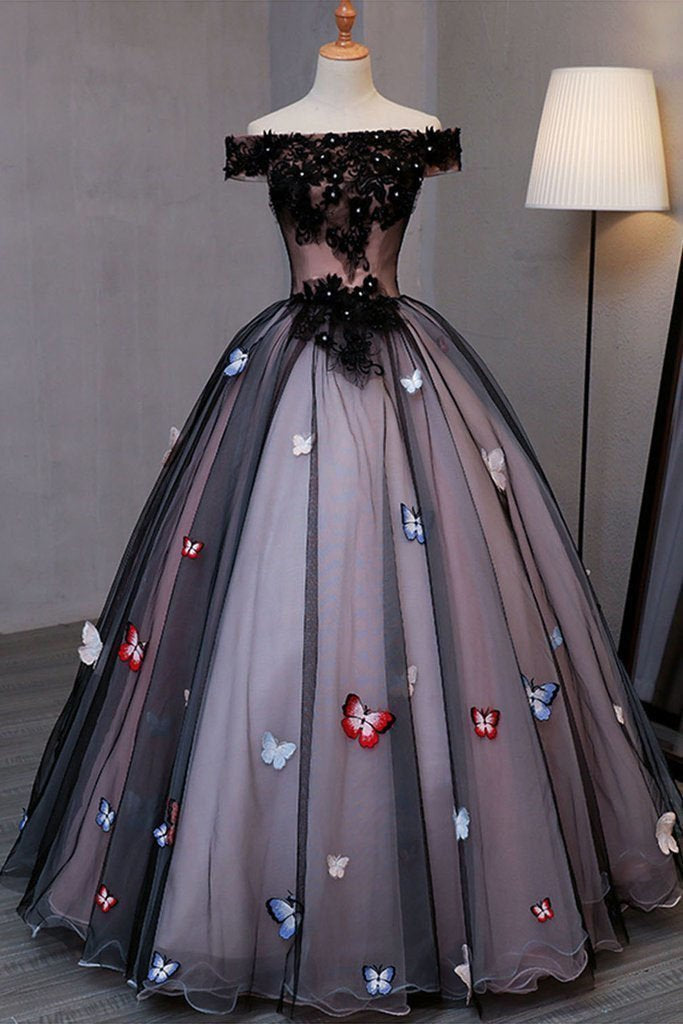 Princess Black Off the Shoulder Butterfly Appliqued Prom Dresses Quinceanera Dresses