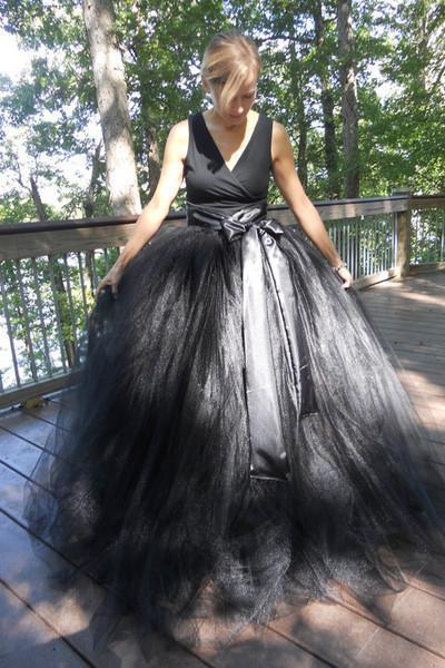 balck organza A-line V-neck bowknot ball gown dresses long prom