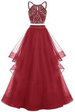Red tulle two pieces sequins A-line long evening dressï¼prom